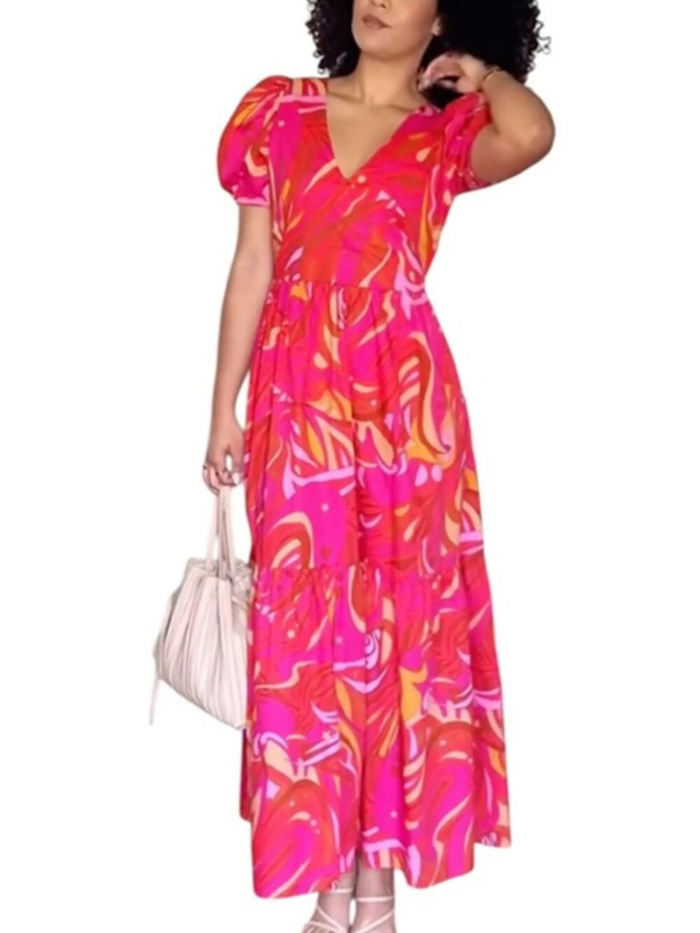 1. STATE Women's V-Neck Tiered Maxi Dress in Pink Red Yellow Size Small